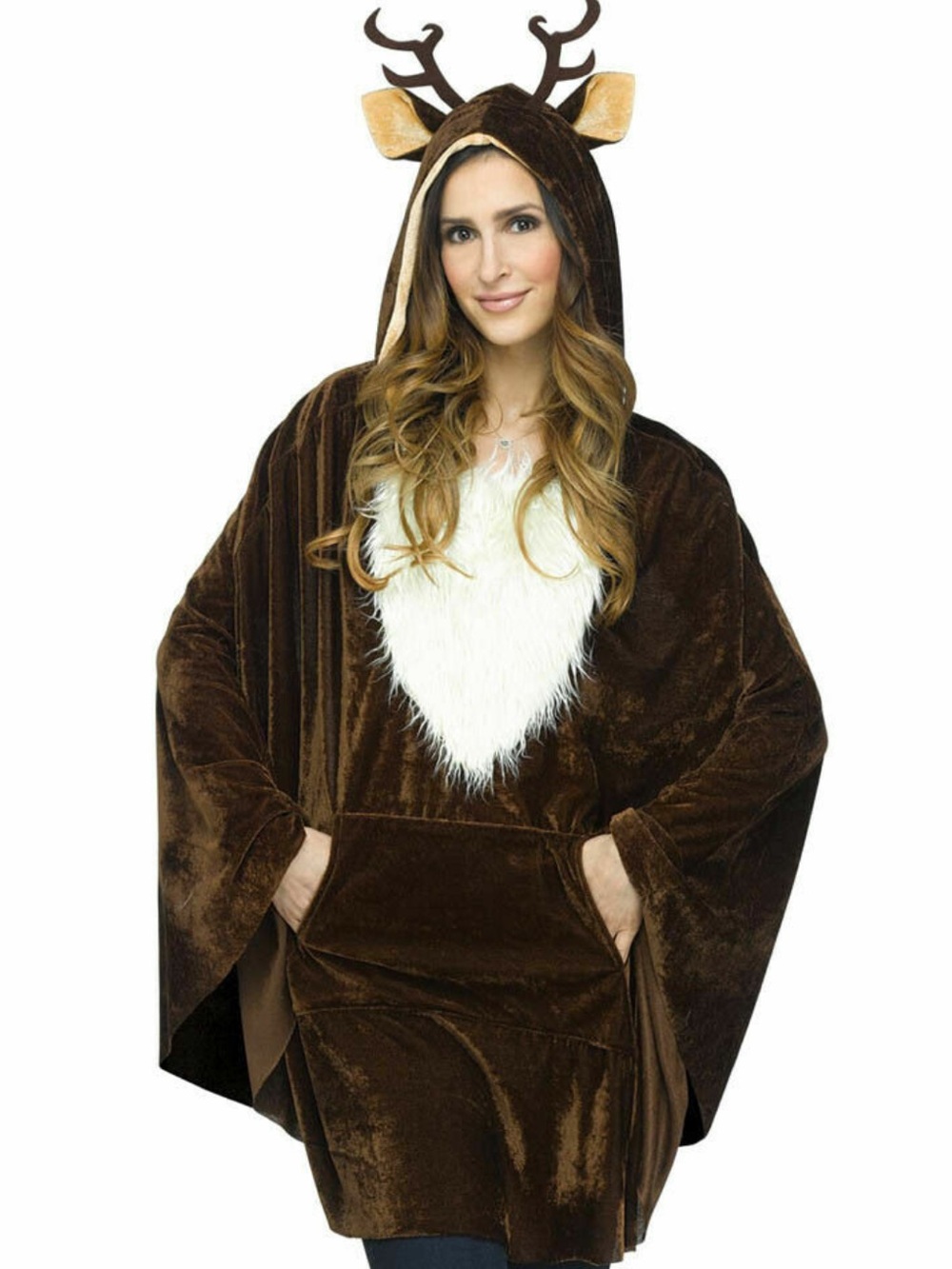 Plush Brown Reindeer Pullover Poncho with Faux Fur V Detail